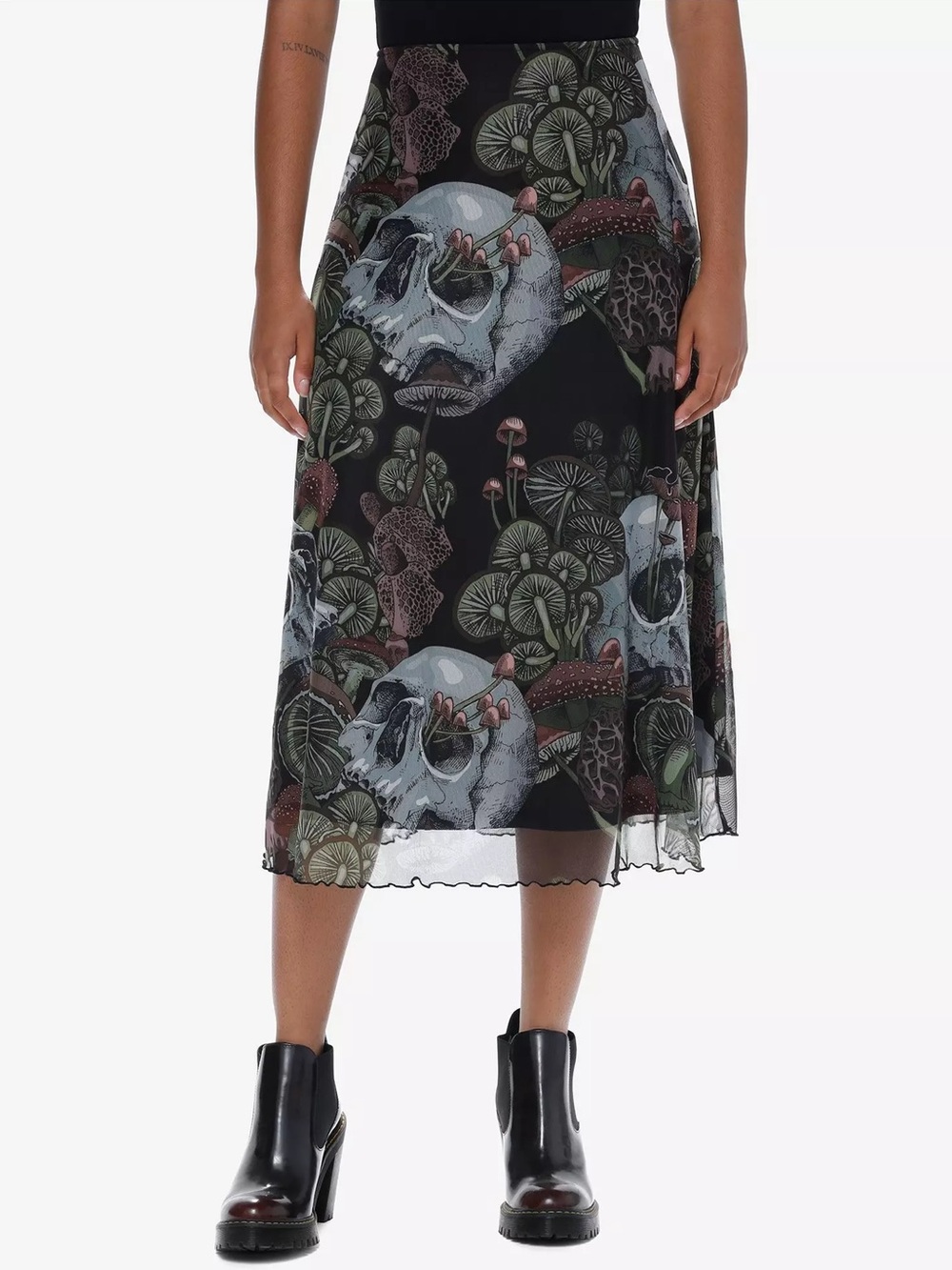 Hot Topic Whimsical Goth Mushroom Skull Dark Forest Small Mesh Midi skirt